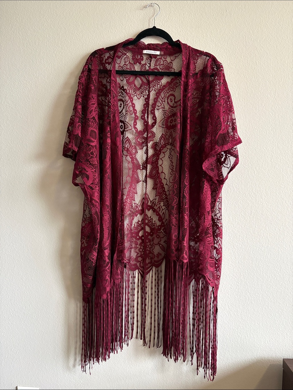 emerette Open Front Lace Fringe Kimono Cardigan Burgundy Paisley Design Size L